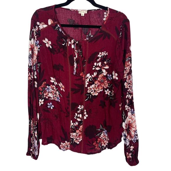 Francescas Hem & Thread M Burgundy Red Floral Keyhole Tie Long Sleeve Blouse Top - Picture 1 of 8